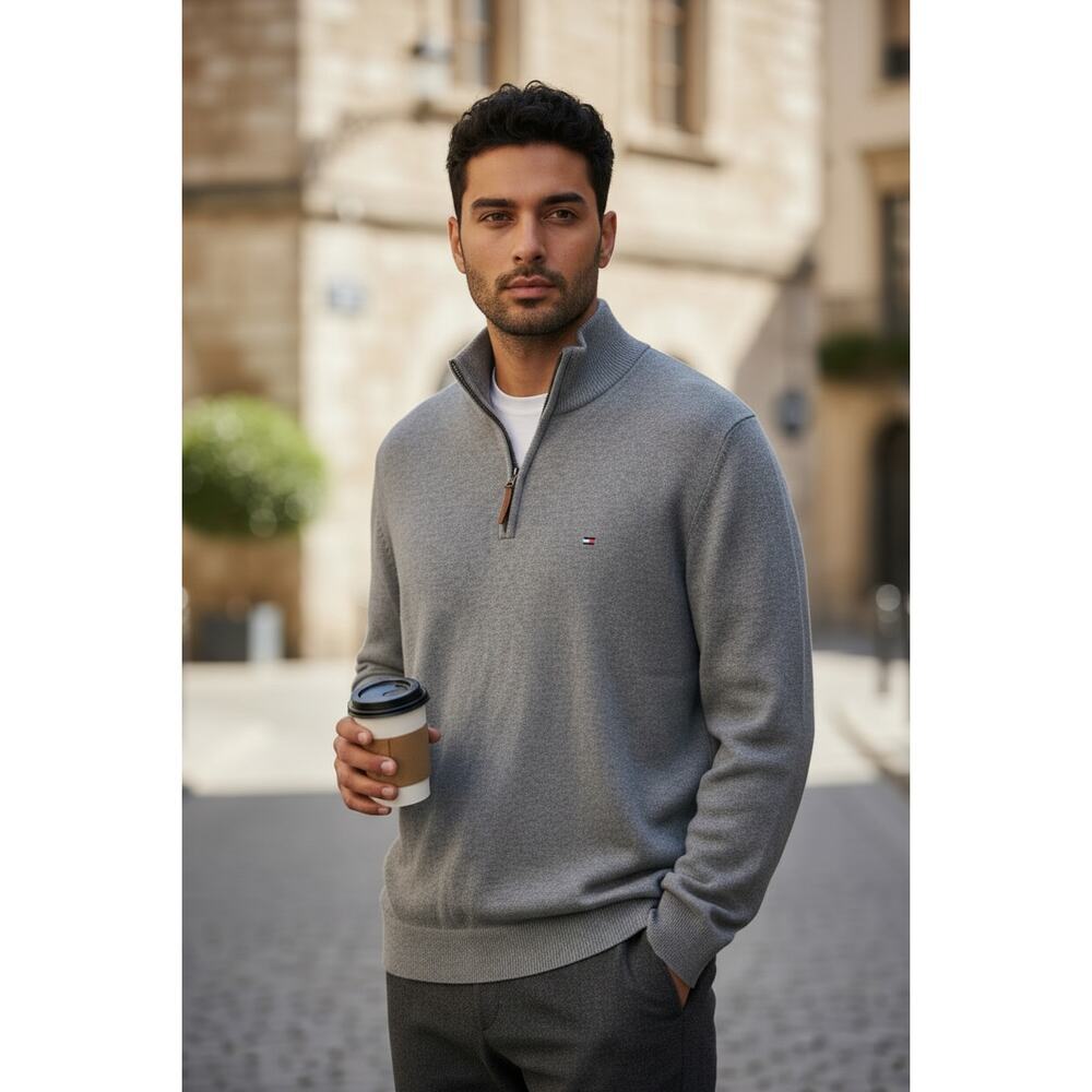 Tommy Hilfiger Men’s XXL Gray Quarter Zip Sweater Classic Logo Cotton